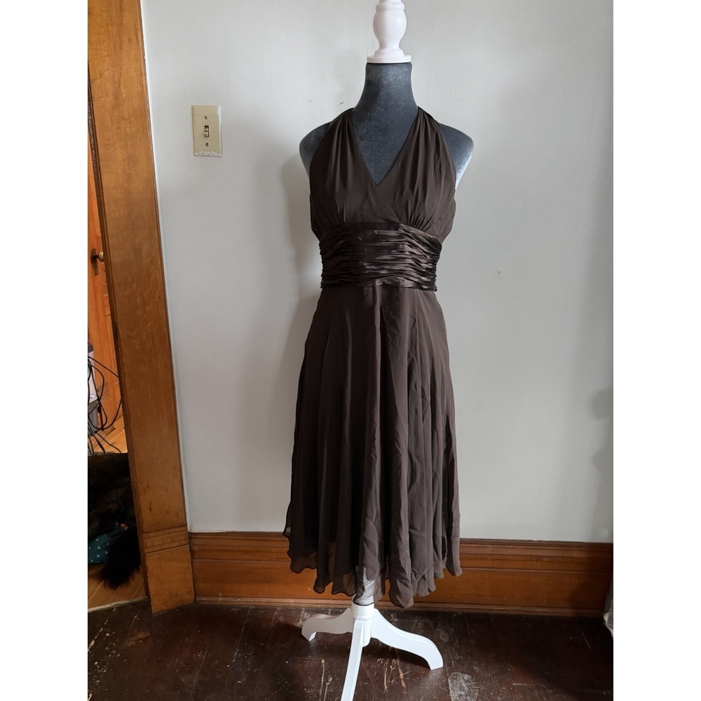 Y2K Silk Chocolate Brown Halter‎ Midi Dress Carry Bradshaw Backless Romantic 8